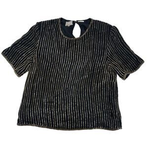 Stenay Vintage Silk Beaded Blouse Black Gold Striped Sequin Top XL Womens